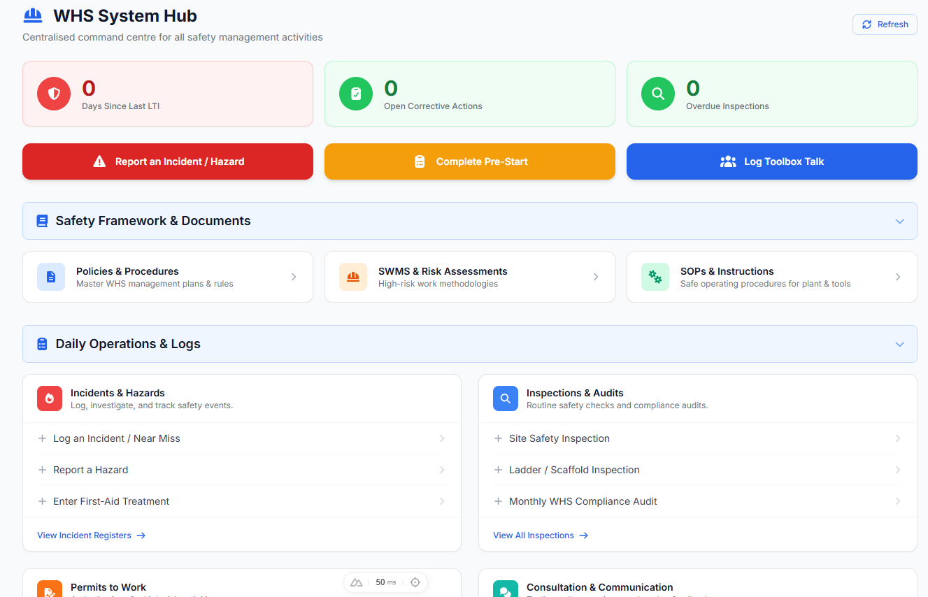 Blue Safe WHS System Hub showing documents, site forms, registers and worker sign-off
